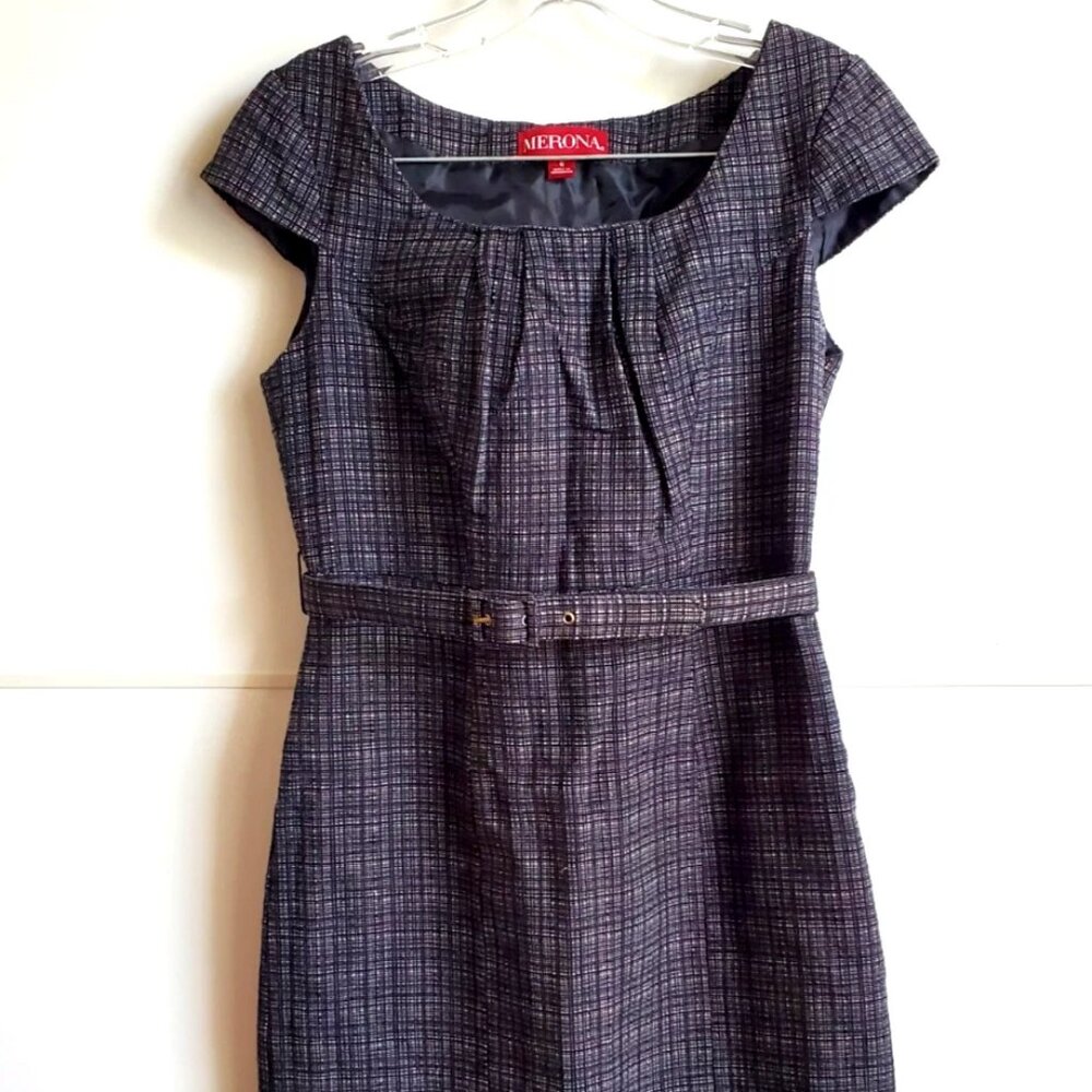 MERONA SHEATH DRESS SIZE 6 PLAID TWEED SIDE ZIPPER SHORT BELT FULLY LINED